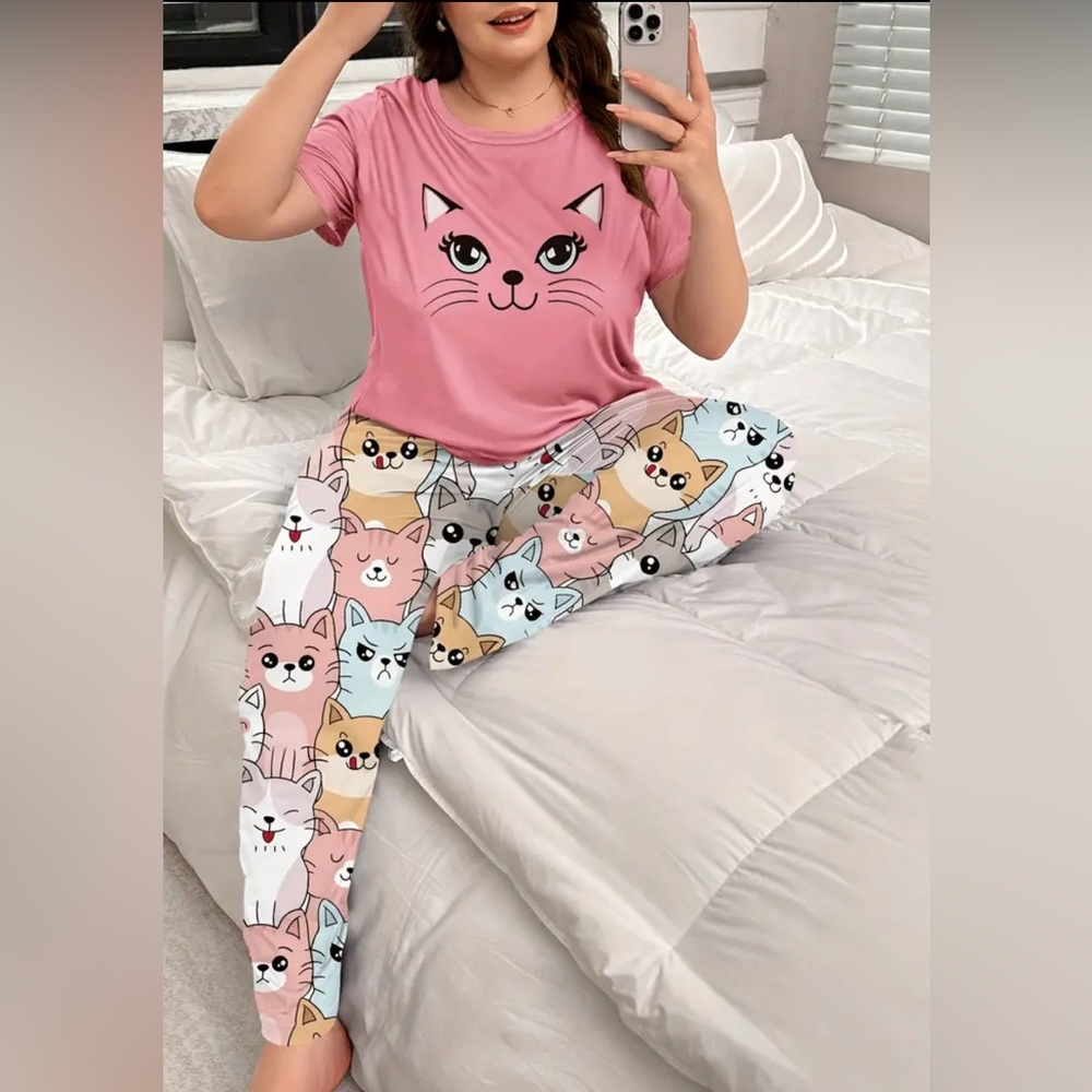 Pink Cat Print Pajama Set